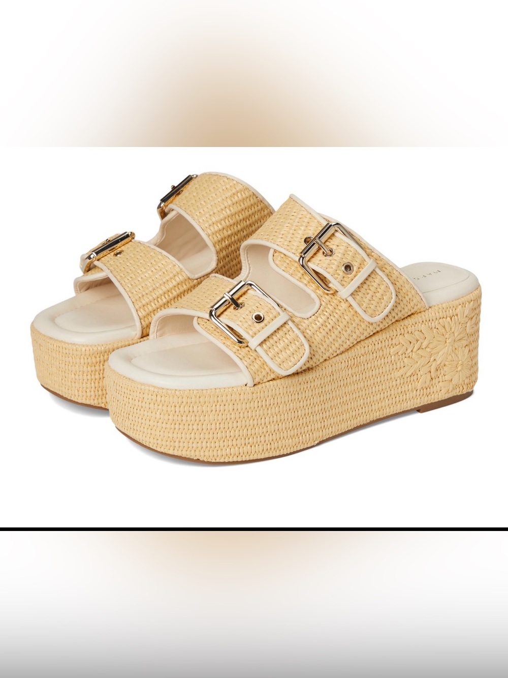 Marc Fisher Natural Beige Woven Platform Double-Buckle Slides